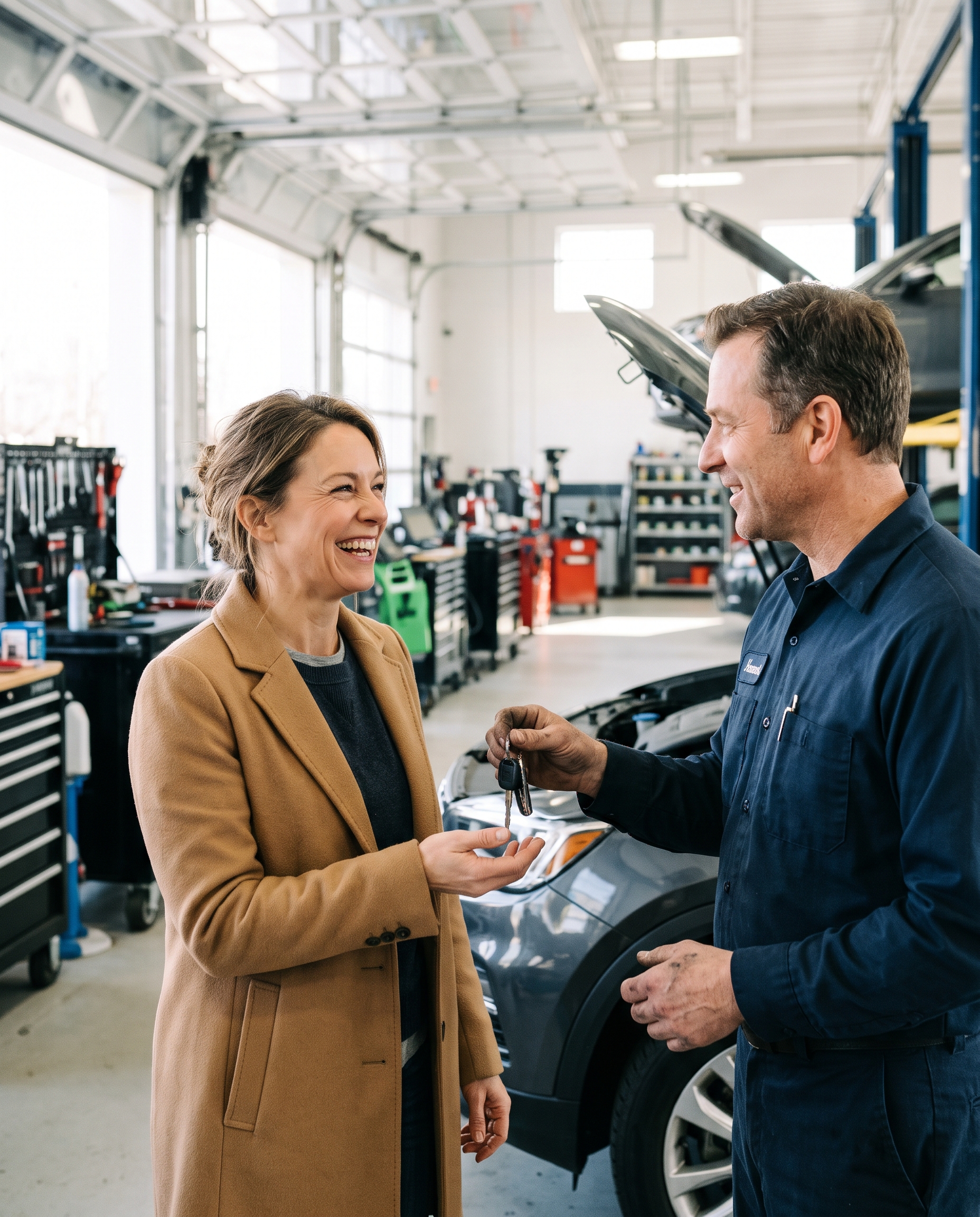Smiling customer chatting with a Superior technician beside her car