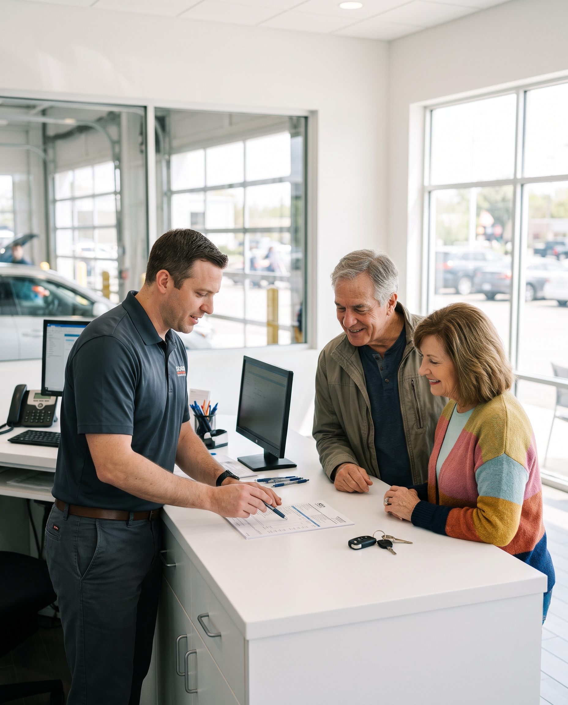 Superior service advisor going over an estimate with a smiling couple