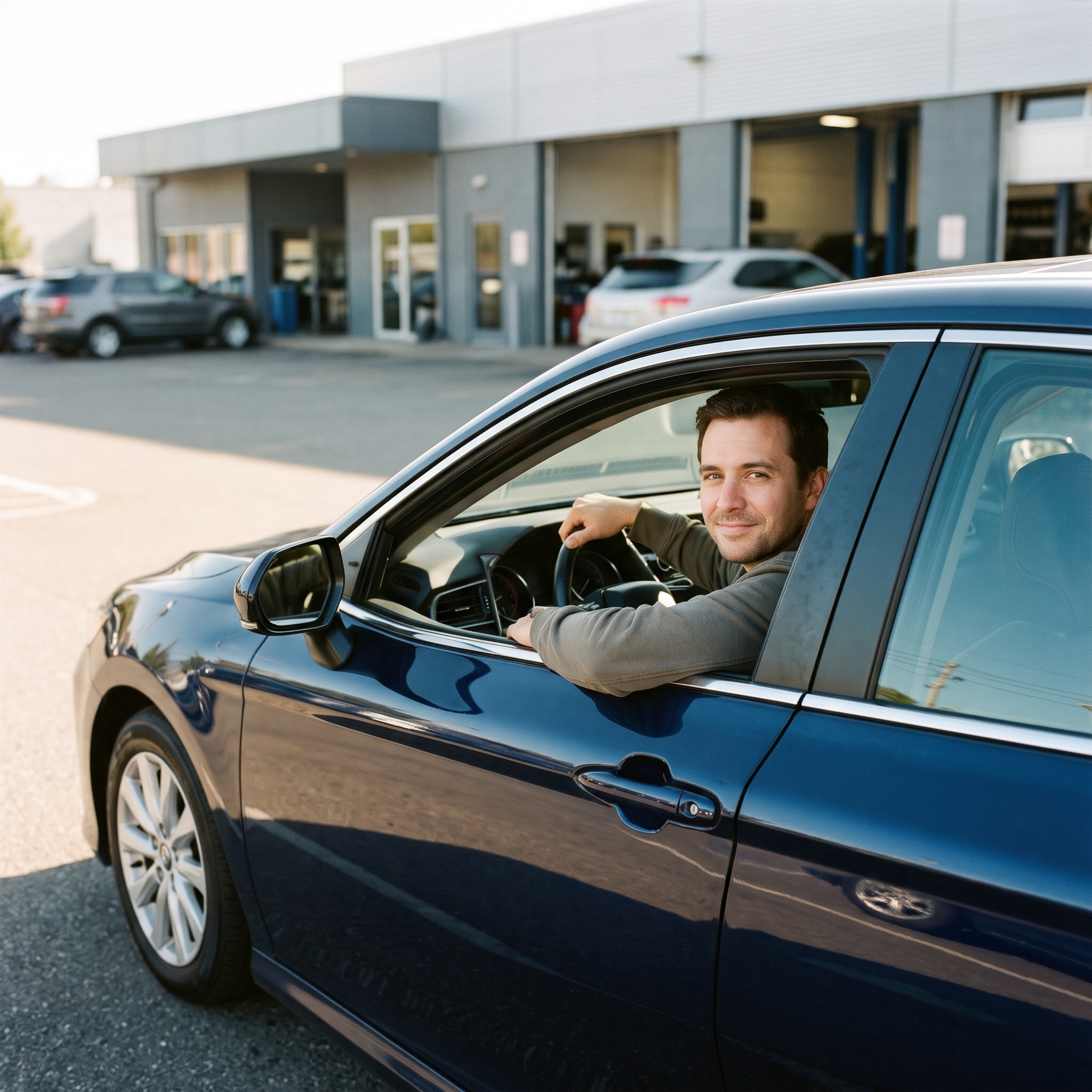 Smiling driver heading home in his freshly serviced car