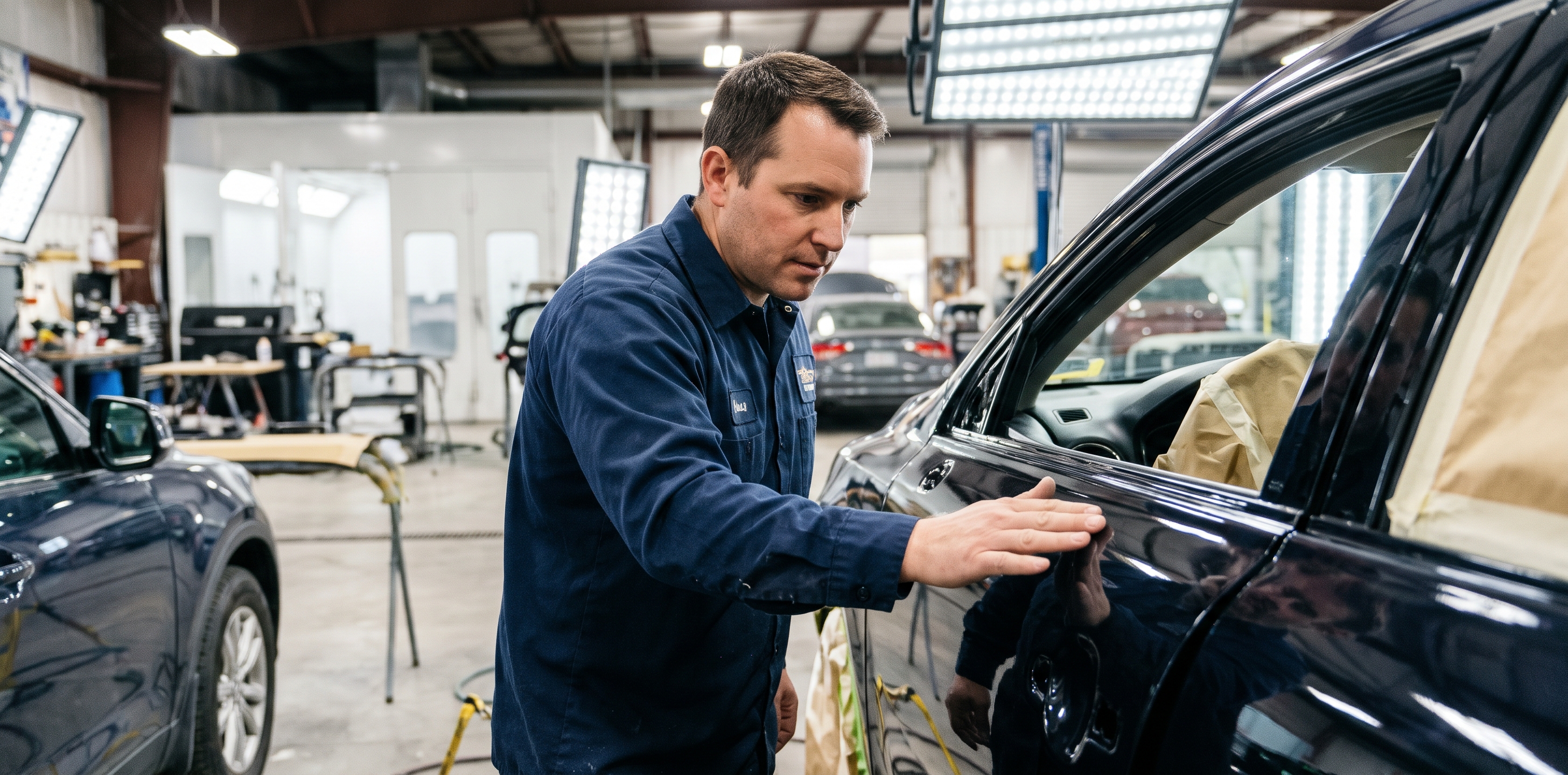 Body shop technician inspecting a repaired car panel under bright lights