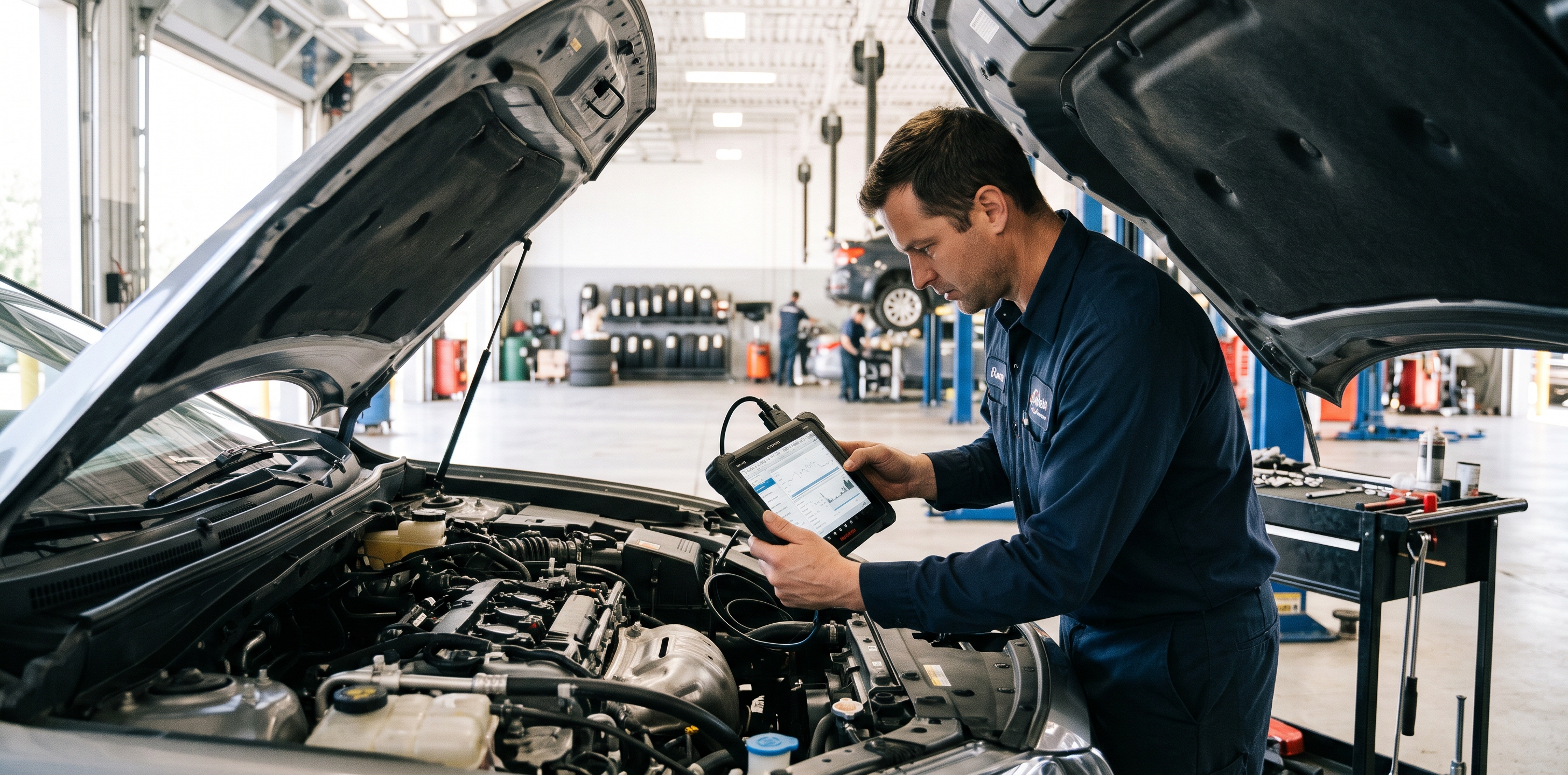 Mechanic using a diagnostic laptop under the hood of a car