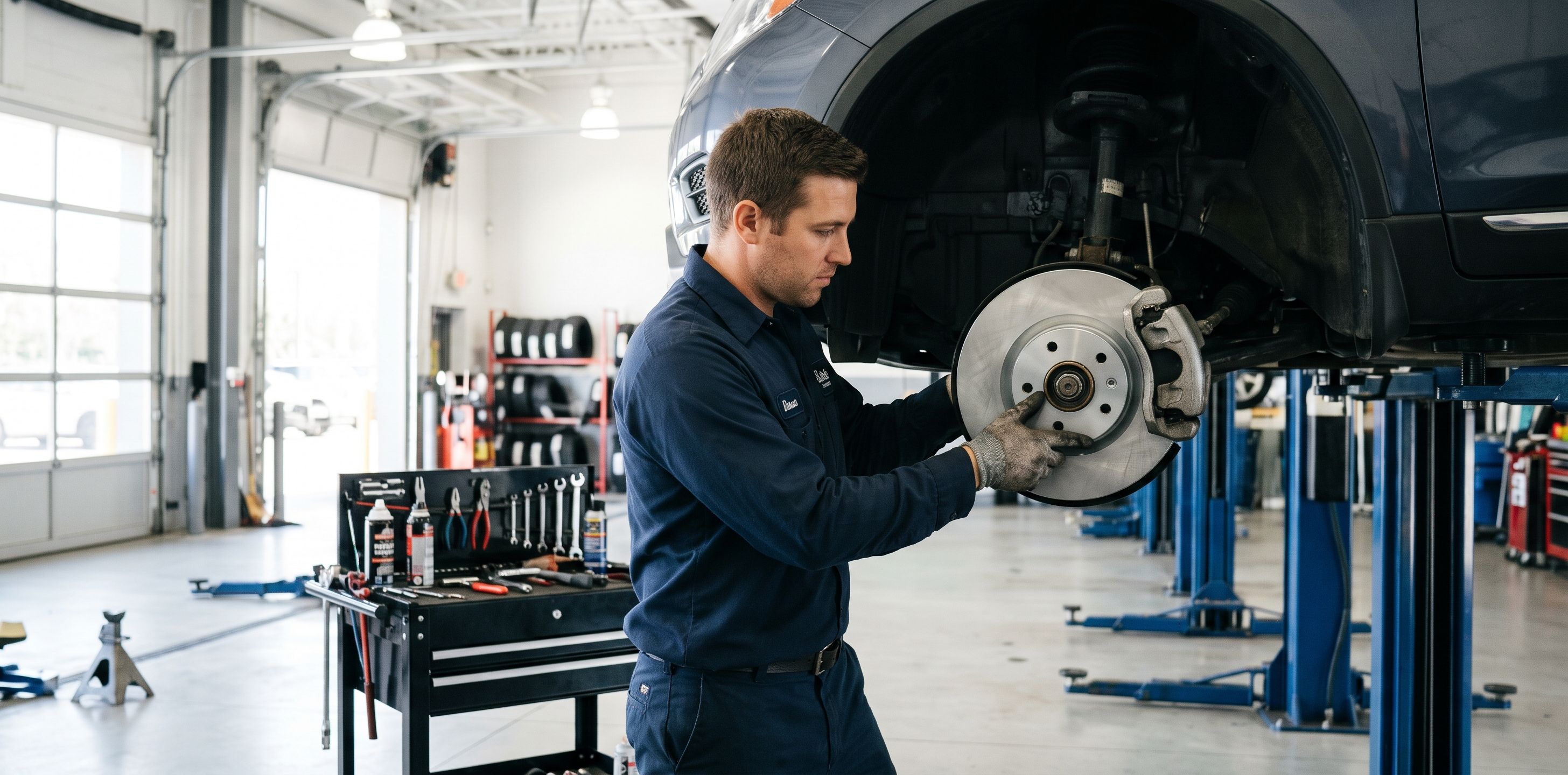 Technician servicing the brakes on a car lifted on a hoist
